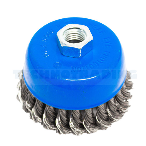 [1861] Wire Cup Brush, plaited/knot type, 100 mm dia, nut 5/8" thread, steel[85.0](5.65)