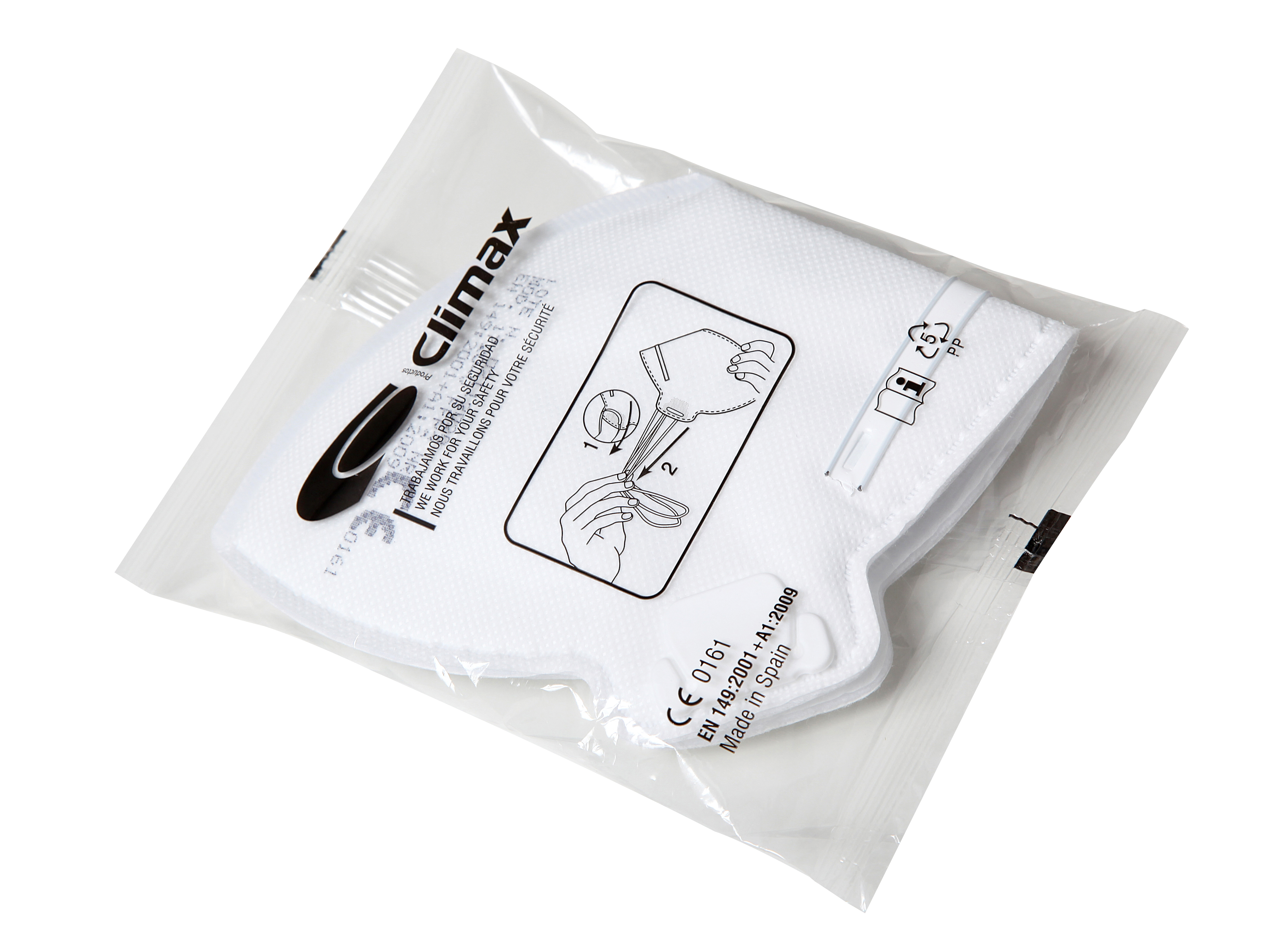 Climax 1720, Wegwerp mondkapje/stofmasker, FFP2/N95, zonder ventiel, per pak van 20 stuks
