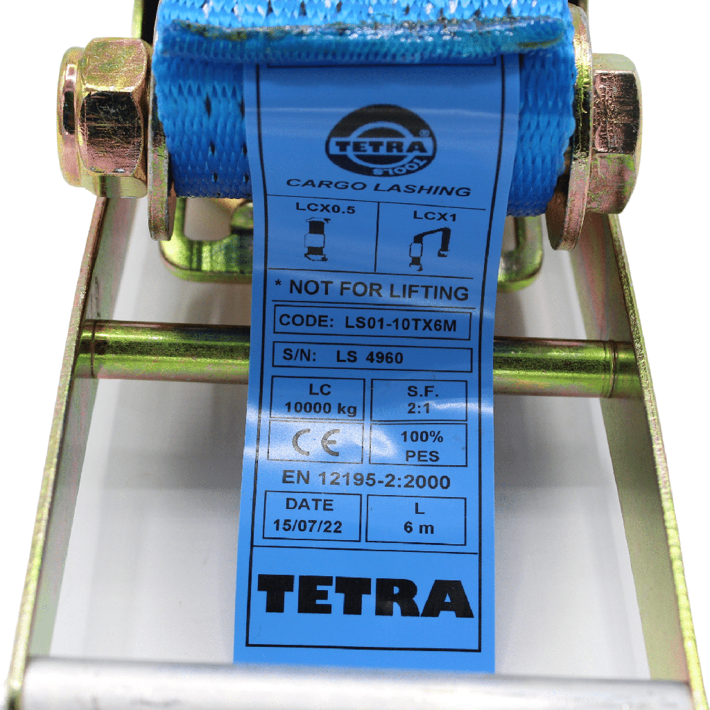 TETRA TCS-100-12, Spanband met ratel, twee-delig met J-haken, breedte 75mm, Maximale belasting 10T, Lengte 12 m, EN12195-2