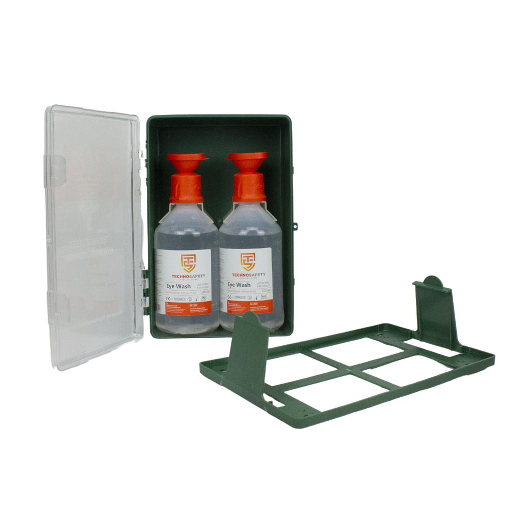 Oogspoelstation set, Druppelvorm met transparant deksel en spiegel, incl 2 x 500 ml flessen NaCl 0,9pct