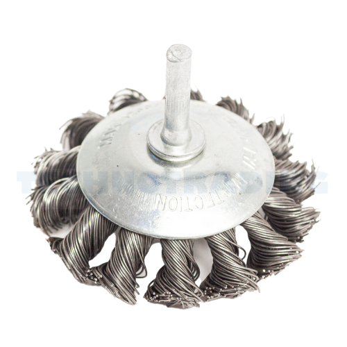 Conical Wheel Brush, shaft welded type, knot type (plaited), 75 mm dia, 6 mm arbor, steel