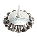 Conical Wheel Brush, shaft welded type, knot type (plaited), 75 mm dia, 6 mm arbor, steel