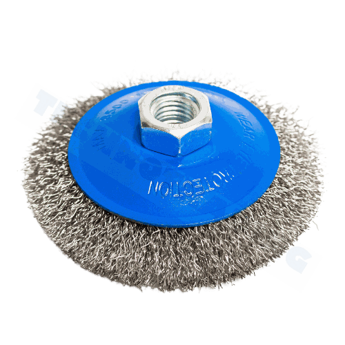 Conical Wheel Brush, standard type (crimped), Diameter 100 mm dia, M14 thread, stainless steel
