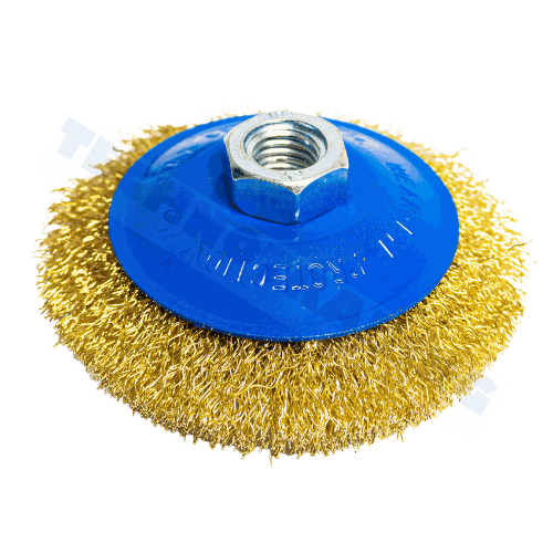 Conical Wheel Brush, standard type (crimped), steel, 100 mm dia, M14 thread
