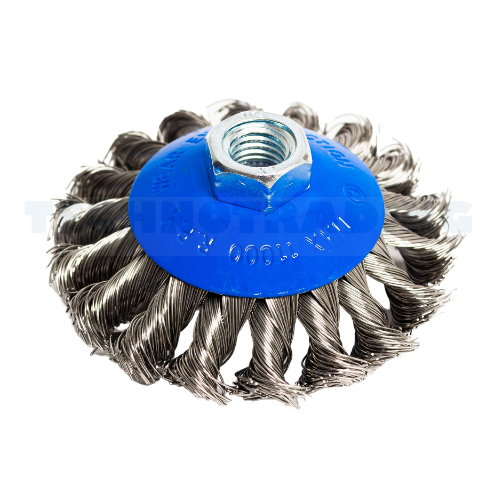 Conical Wheel Brush, knot type (plaited), Diameter 100 mm, M14 thread, stainless steel, IMPA 592077