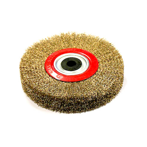Wire Wheel Brush, standard/crimped, 175 x 22 mm dia, 1-1/4" (32 mm) arbor, with adaptors for smaller holes, brass plated steel