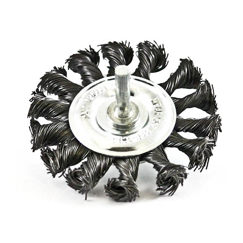 Wire Wheel Brush, plaited/knot type, shaft welded type, 75 mm dia, 6 mm shaft, steel