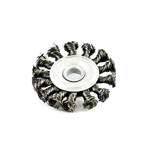 Wire Wheel Brush, plaited/knot type, steel, 75 x 13 mm, 3/8" (10 mm) arbor, steel