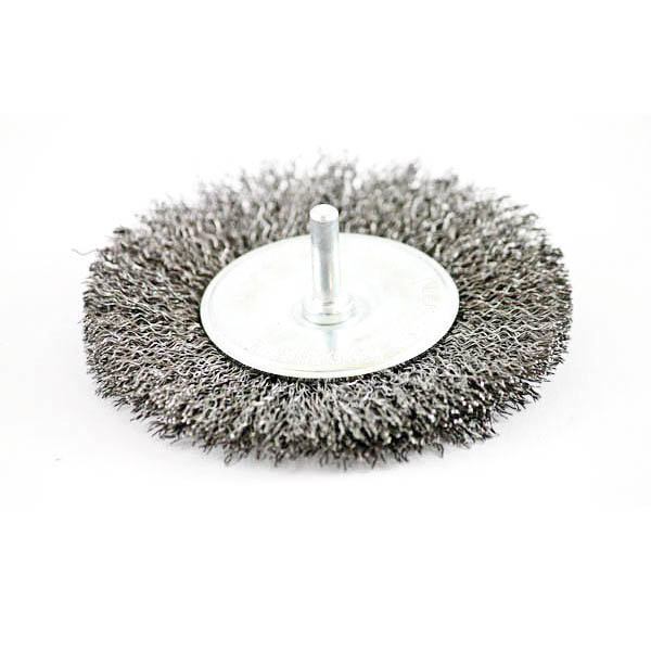 Wire Wheel Brush, shaft welded type, steel, 100 x 12 mm, 6 mm shaft, steel