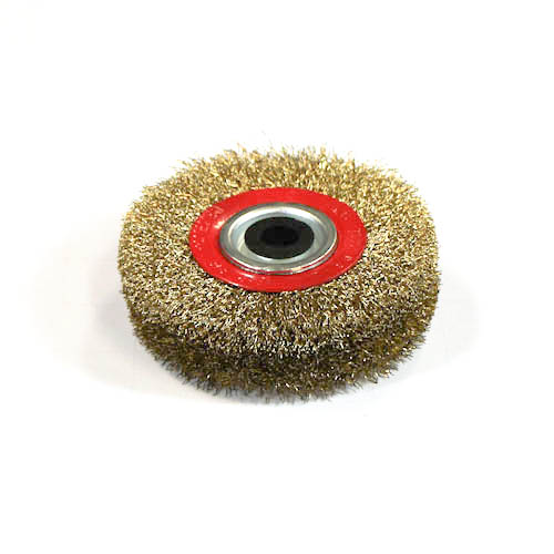 Wire Wheel Brush, standard/crimped, 100 x 16 mm, 1/2" arbor, with adapters for smaller holes, Brass, IMPA 510772