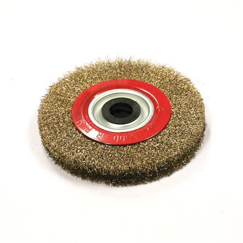 Wire Wheel Brush, standard/crimped, 150 x 22 mm, 1-1/4" (32 mm) arbor, with adaptors for smaller holes, brass plated steel, IMPA 510774