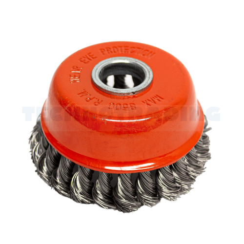 Wire Cup Brush, plaited/knot type, 100 mm dia, 7/8" (22 mm) arbor, stainless steel