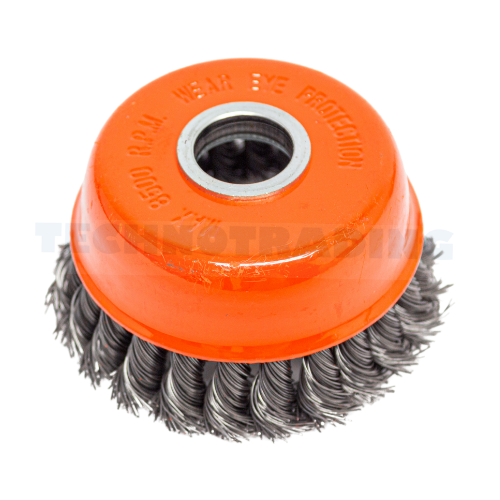 Wire Cup Brush, plaited/knot type, 100 mm dia, 7/8" (22 mm) arbor, steel