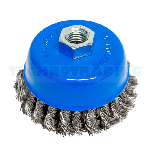 Wire Cup Brush, plaited/knot type, 100 mm dia, nut 5/8" thread, stainless steel