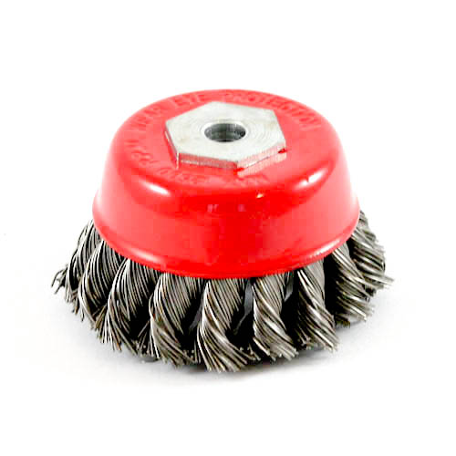 Wire Cup Brush, plaited/knot type, 65 mm dia, 5/16" (8 mm) arbor (incl. mounting bolt for MAG-40), stainless steel