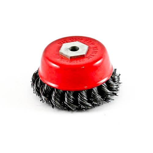 Wire Cup Brush, plaited/knot type, 75 mm dia, 5/16" (8 mm) arbor (incl. mounting bolt), steel