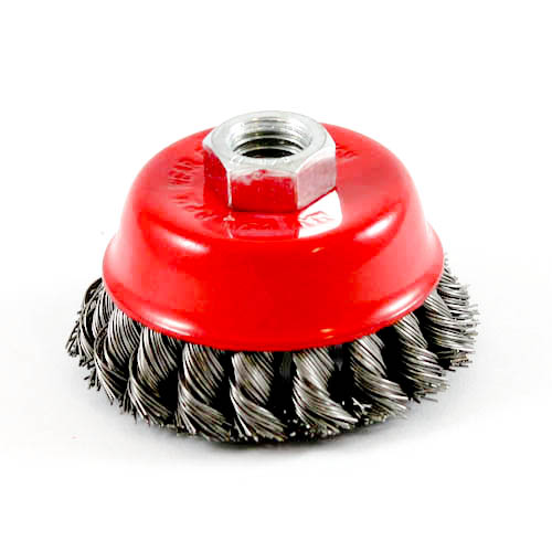 Wire Cup Brush, plaited/knot type, 75 mm dia, nut 5/8" thread, stainless steel