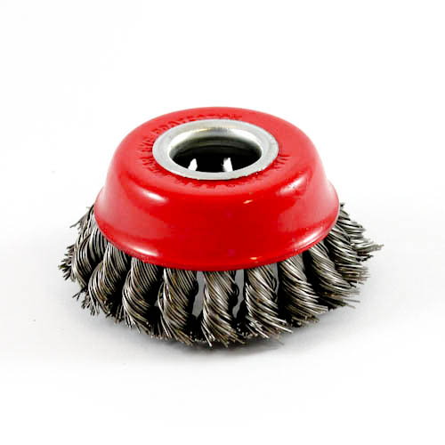Wire Cup Brush, plaited/knot type, 80 mm dia, 7/8" (22 mm) arbor, stainless steel