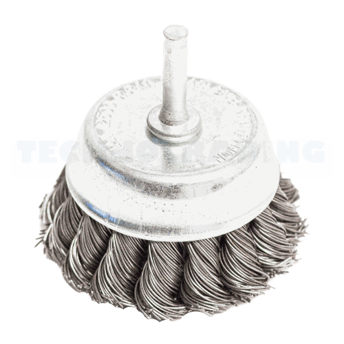 Wire Cup Brush, shaft welded type, plaited/knot type, 75 mm dia, 6 mm shaft, steel