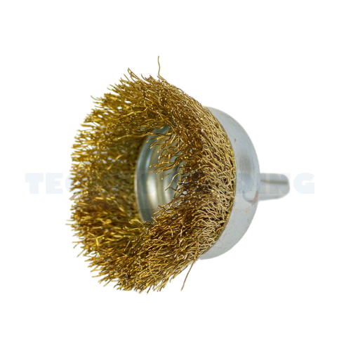 Wire Cup Brush, shaft welded type, standard/crimped, 50 mm dia, 6 mm shaft, brass