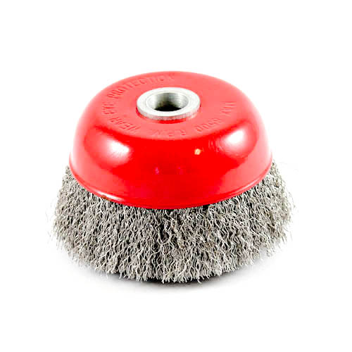 Wire Cup Brush, standard/crimped, 100 mm dia, 5/8" (16 mm) arbor, stainless steel