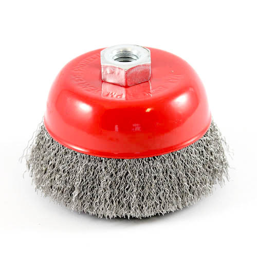 Wire Cup Brush, standard/crimped, 100 mm dia, nut M14 thread, stainless steel