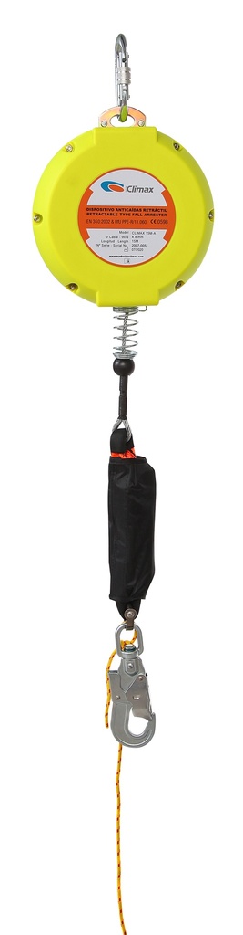 Climax Fall arrester retractable 10 m, 4 mm galvanized steel cable, with snaphook, max. 120 kg load vertically, IMPA 331105