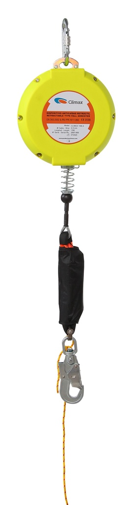 Climax Fall arrester retractable 10 m, 4 mm galvanized steel cable, with snaphook, max. 140 kg load vertically, IMPA 331105