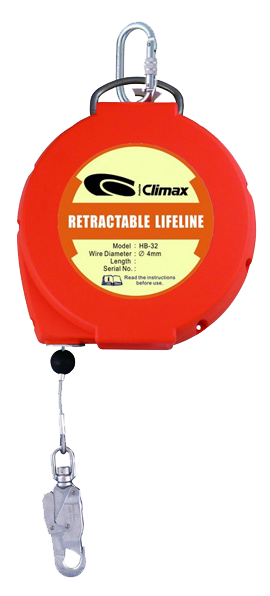Climax Fall arrester retractable 6 m, 25 mm tape, with snaphook, max. 140 kg load vertically