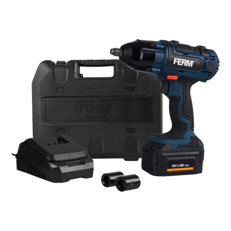 Ferm CDM1127, Accu slagmoersleutel, 18V, 2 x 4.0 Ah, met lader, 1/2" sq-drive, 380 Nm, IMPA 590926, UN 3481