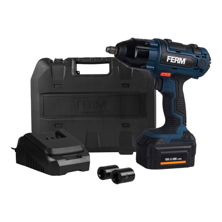 Ferm CDM1127, rechargeable impact wrench, 18V, 2 x 4.0 Ah, with charger, 1/2" sq-drive, 380 Nm, IMPA 590926, UN 3481