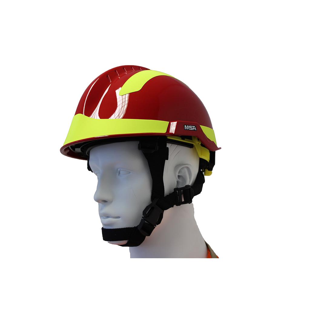 MSA F2 X-TREM helm voor reddingswerkers, niet-geventileerd rood met gele reflectiestrepen EN16471/EN16473/EN12492