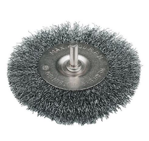 Wire Wheel Brush, standard/crimped, steel, 200 x 25, 1-1/4" (32 mm) arbor, with adaptors for smaller holes, steel, IMPA 510775