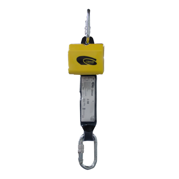 Climax Fall arrester retractable 2.5 m, 25 mm tape, with shock absorber, incl 2 mod 30 hooks, max. 140 kg load vertically