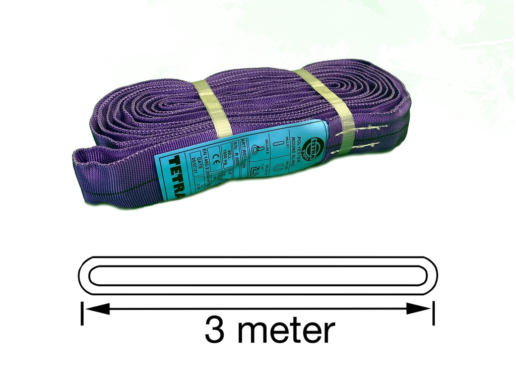 TETRA RS-1T3M, Polyester rondstrop, Werklast 1 ton, Lengte 3 m, Veiligheidsfactor 7:1, EN1492-2 