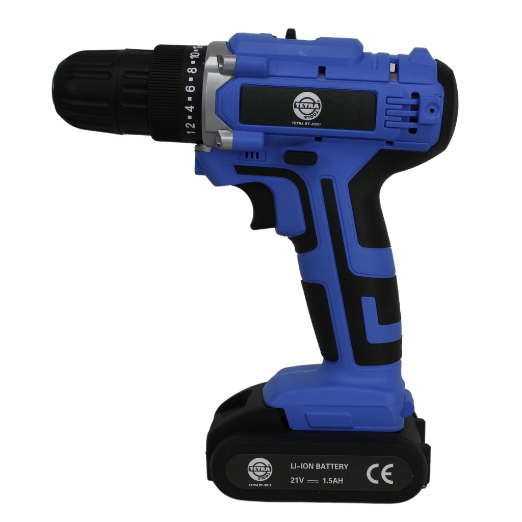 TETRA RT-CD21, Rechargeable Drill incl 24pc bitset, 21V, Incl 1,5Ah Li-ion Battery and 110-240V Charger, in plastic case, IMPA 590906, UN 3481