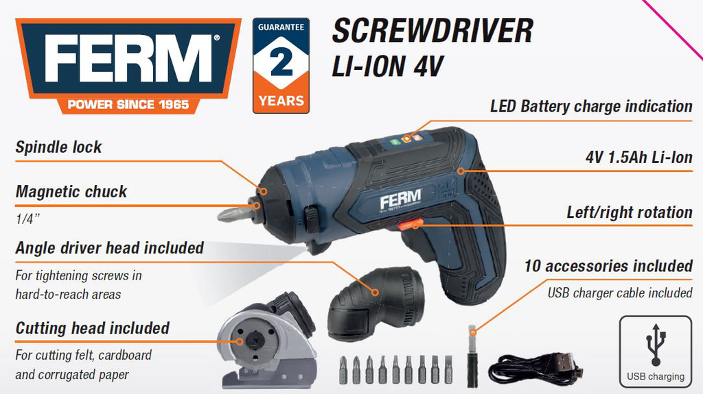 Ferm CDM1146, Rechargeable Screwdriver, built-in Li-Ion battery, incl USB charger and bitset, in plastic case, UN 3481