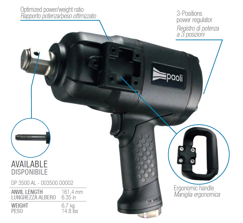 Dino Paoli DP3500, Pneumatische Slagmoersleutel, 1" aandrijfvierkant (25.4mm), 2950 Nm Max, IMPA 590106