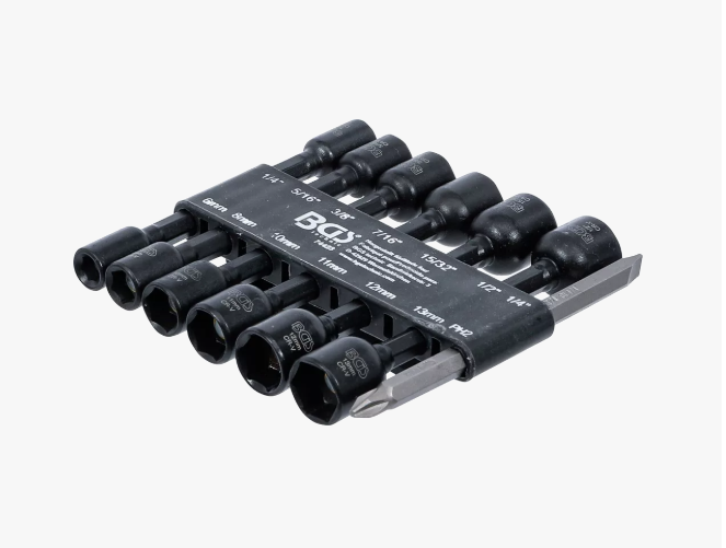 BGS Boor / Schroefmachine dopsleutelset MM + INCH + Schroefbit 14-dlg met riemklip.