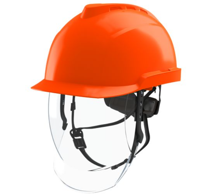 [13474] MSA V-Gard 950 Red Safety Helmet with Fas-Trac III suspension and integrated visor, EN397, non-vented, IMPA 310327