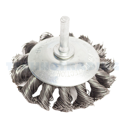 [3228] Conical Wheel Brush, shaft welded type, knot type (plaited), 75 mm dia, 6 mm arbor, steel[146.0](2.43)