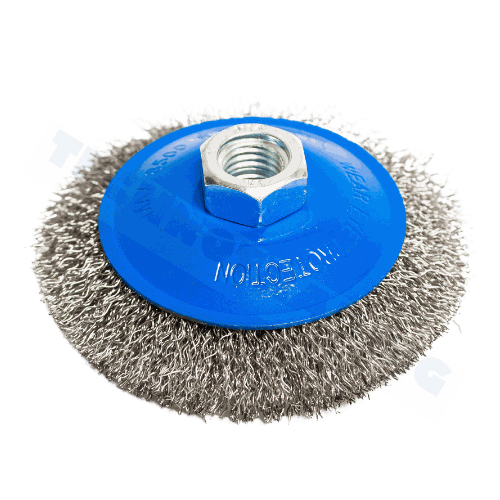 [3380] Conical Wheel Brush, standard type (crimped), Diameter 100 mm dia, M14 thread, stainless steel