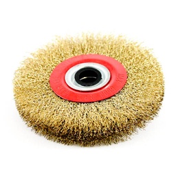 [1879] Wire Wheel Brush, standard/crimped, 250 x 25 mm, 1-1/4" (32 mm) arbor, with adaptors for smaller holes, brass plated steel, IMPA 510776[90.0](23.27)