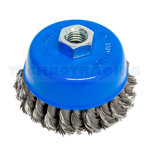 [1865] Wire Cup Brush, plaited/knot type, 100 mm dia, nut 5/8" thread, stainless steel[51.0](9.620000000000001)