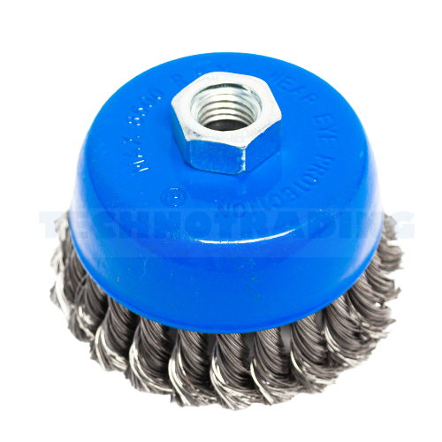 [1861] Wire Cup Brush, plaited/knot type, 100 mm dia, nut 5/8" thread, steel[226.0](5.65)