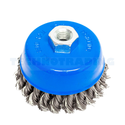 [1866] Wire Cup Brush, plaited/knot type, 100 mm dia, nut M14 thread, stainless steel[228.0](7.5)