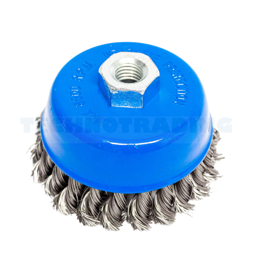 [1866] Wire Cup Brush, plaited/knot type, 100 mm dia, nut M14 thread, stainless steel[298.0](7.5200000000000005)