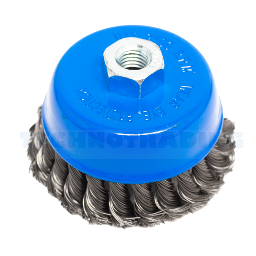 [1862] Wire Cup Brush, plaited/knot type, 100 mm dia, nut M14 thread, steel[499.0](5.65)