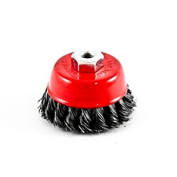 [3014] Wire Cup Brush, plaited/knot type, 75 mm dia, nut M10 thread, stainless steel[137.0](5.63)