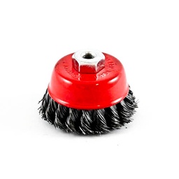 [3014] Wire Cup Brush, plaited/knot type, 75 mm dia, nut M10 thread, stainless steel[168.0](5.63)